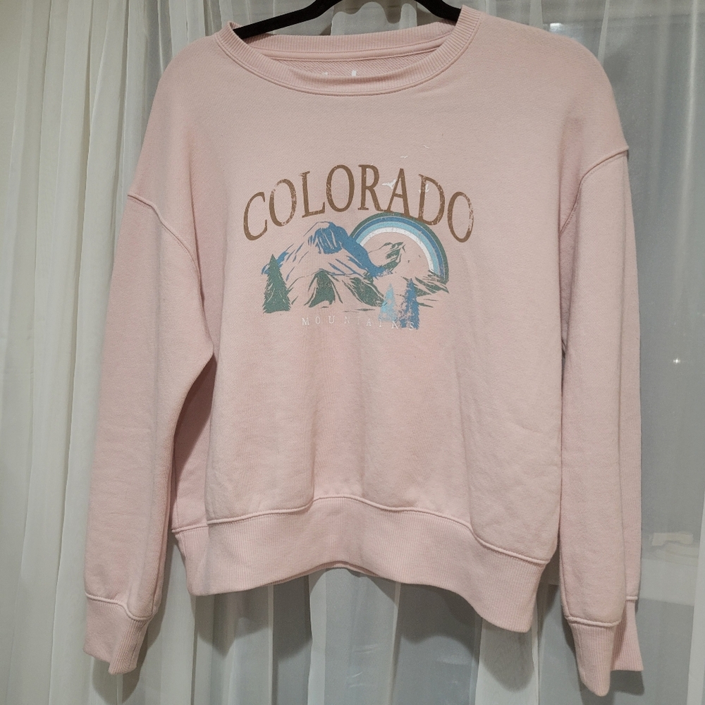 Graphic Sweatshirt Colorado Mountains Print Light Pink Sz Small